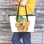 Patrick's Day Golden Retriever Print Leather Tote Bag