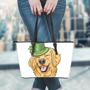 Patrick's Day Golden Retriever Print Leather Tote Bag