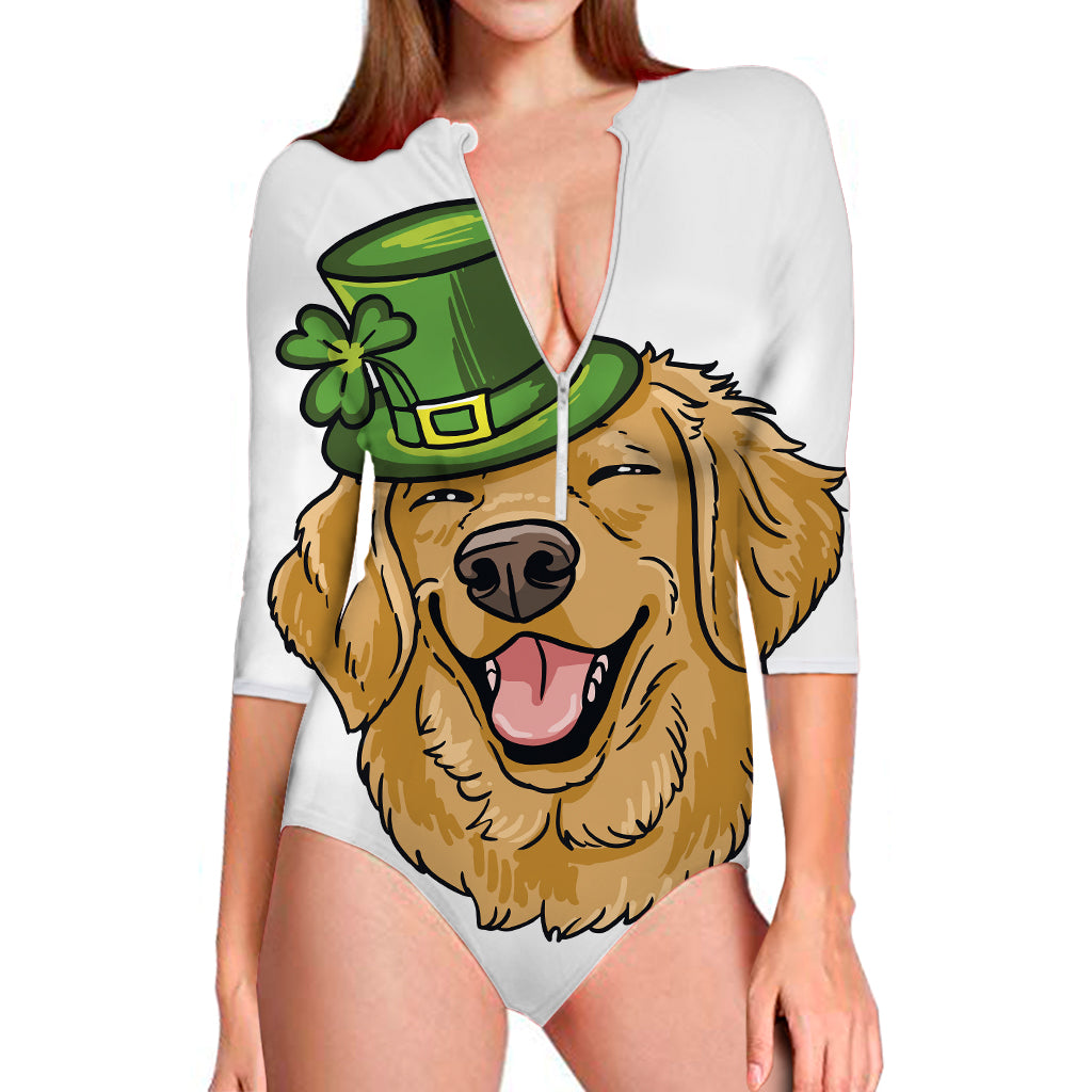 Patrick's Day Golden Retriever Print Long Sleeve Swimsuit