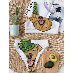 Patrick's Day Golden Retriever Print One Shoulder Bikini Top