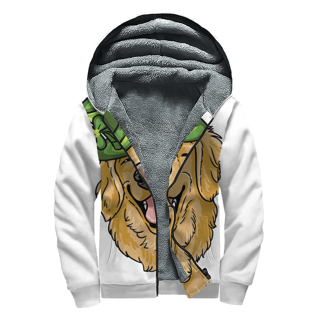 Patrick's Day Golden Retriever Print Sherpa Lined Zip Up Hoodie