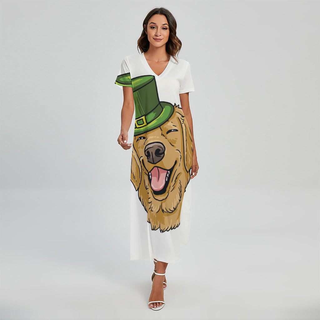 Patrick's Day Golden Retriever Print Short Sleeve Maxi Dress