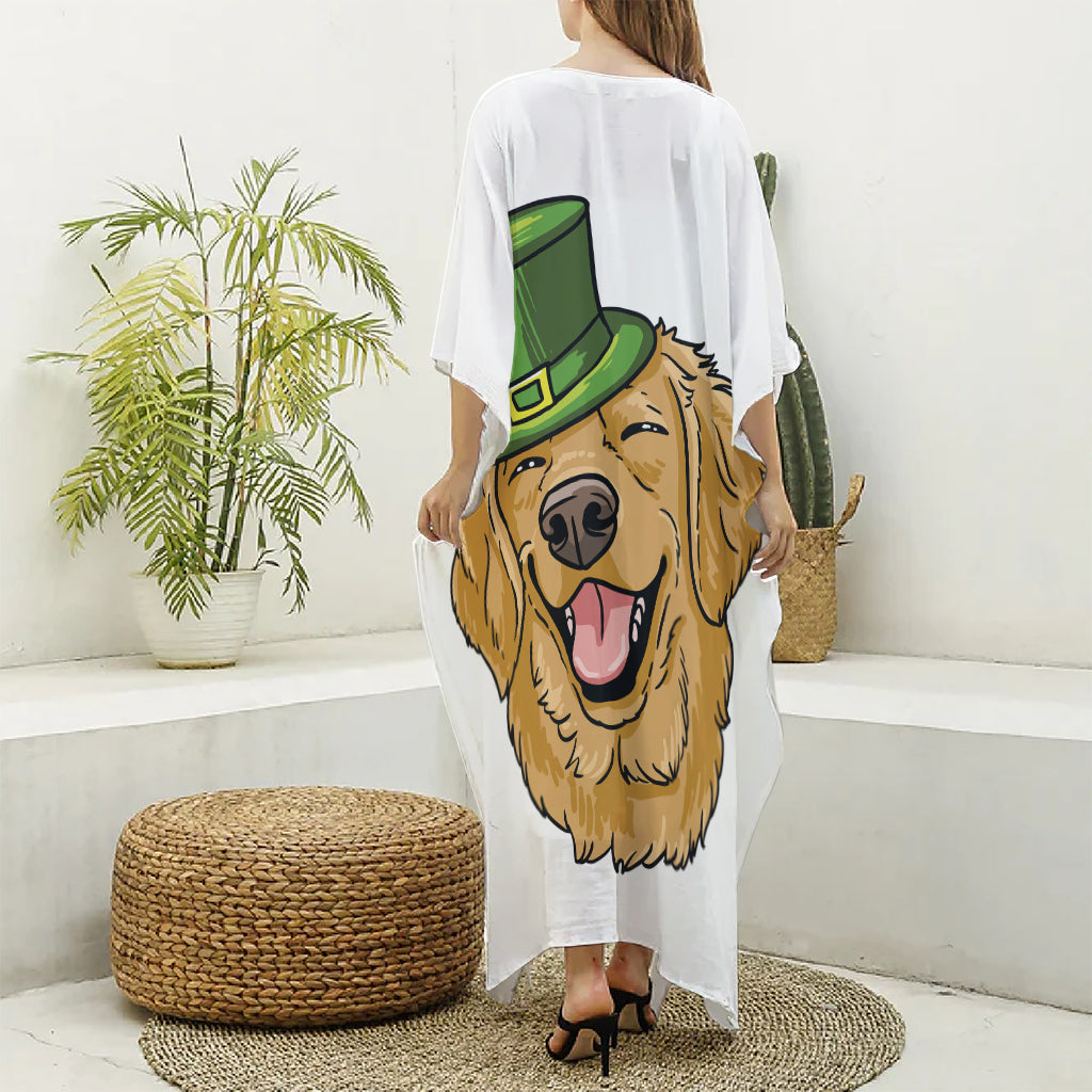 Patrick's Day Golden Retriever Print Silk V-Neck Kaftan Dress