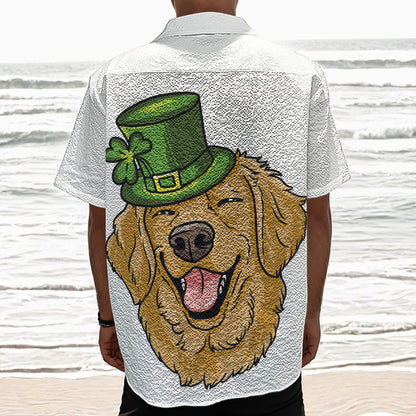 Patrick's Day Golden Retriever Print Textured Short Sleeve Shirt