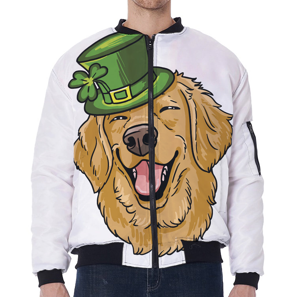 Patrick's Day Golden Retriever Print Zip Sleeve Bomber Jacket