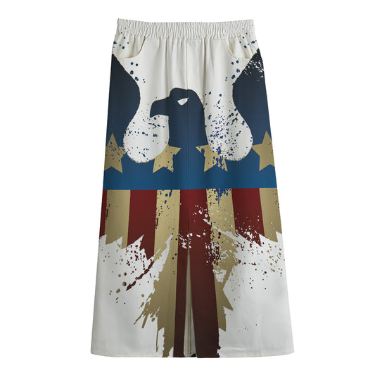 Patriotic American Eagle Print Cotton Front Slit Maxi Skirt