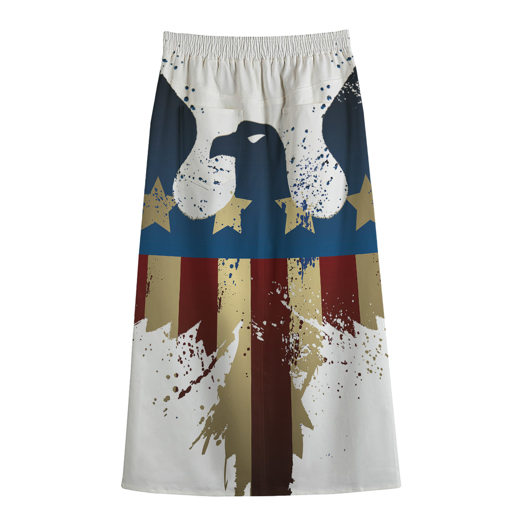 Patriotic American Eagle Print Cotton Front Slit Maxi Skirt