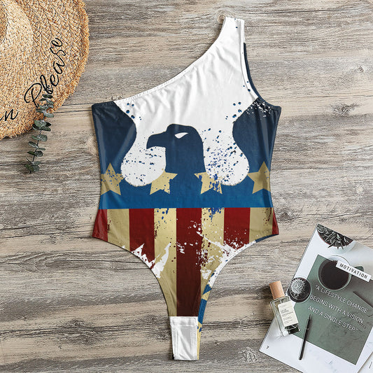 Patriotic American Eagle Print One Shoulder Bodysuit