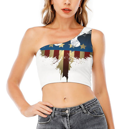 Patriotic American Eagle Print One Shoulder Crop Top