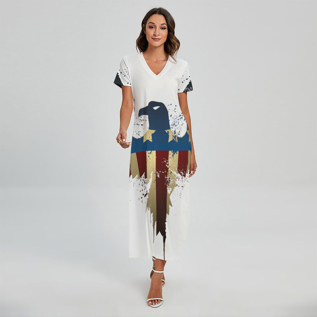 Patriotic American Eagle Print Short Sleeve Maxi Dress