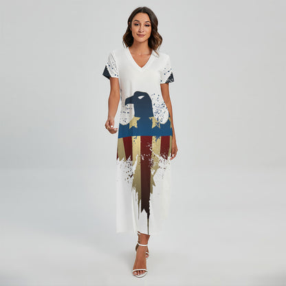 Patriotic American Eagle Print Short Sleeve Maxi Dress