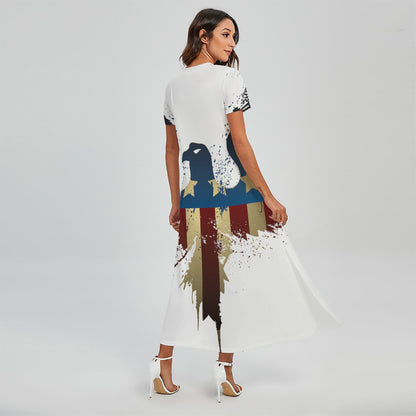 Patriotic American Eagle Print Short Sleeve Maxi Dress