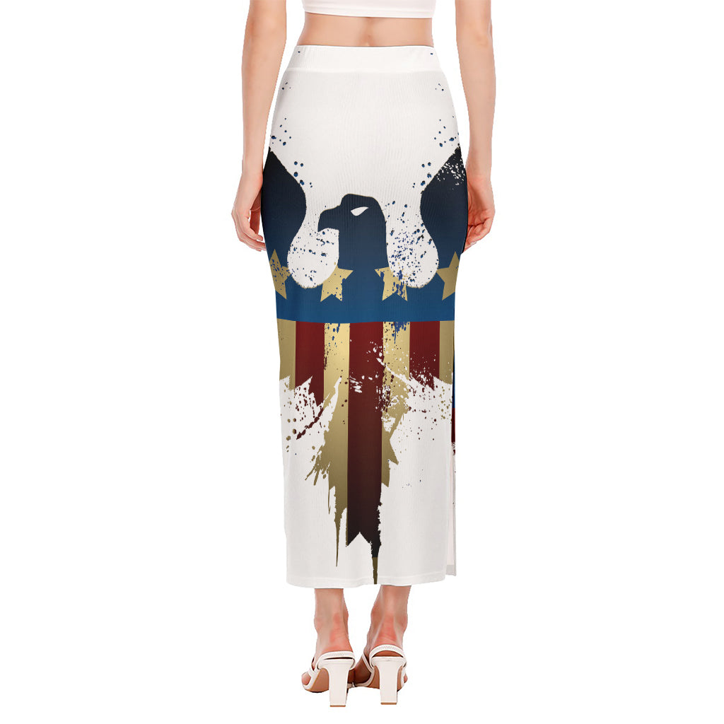 Patriotic American Eagle Print Side Slit Maxi Skirt