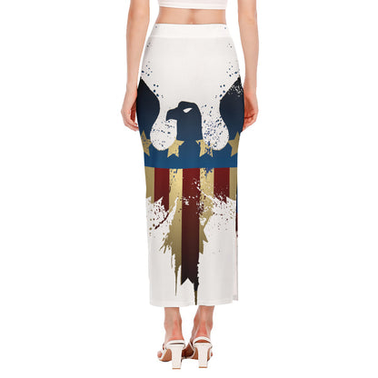 Patriotic American Eagle Print Side Slit Maxi Skirt