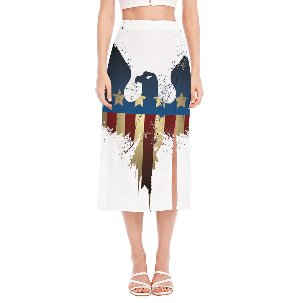 Patriotic American Eagle Print Side Slit Midi Skirt