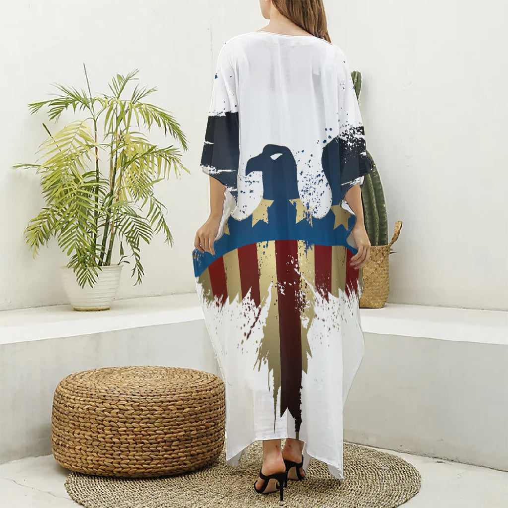 Patriotic American Eagle Print Silk V-Neck Kaftan Dress