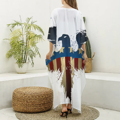Patriotic American Eagle Print Silk V-Neck Kaftan Dress