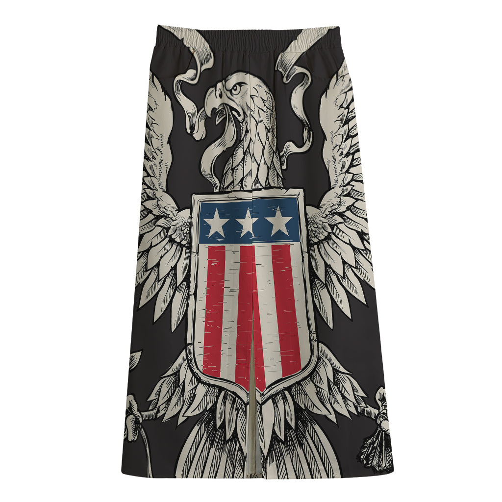 Patriotic USA Eagle Print Cotton Front Slit Maxi Skirt