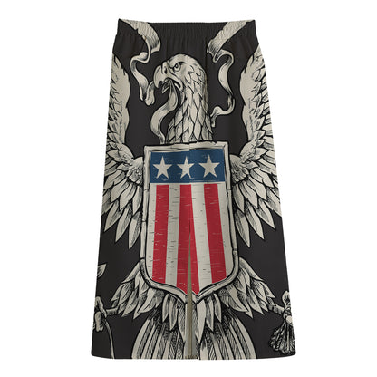 Patriotic USA Eagle Print Cotton Front Slit Maxi Skirt