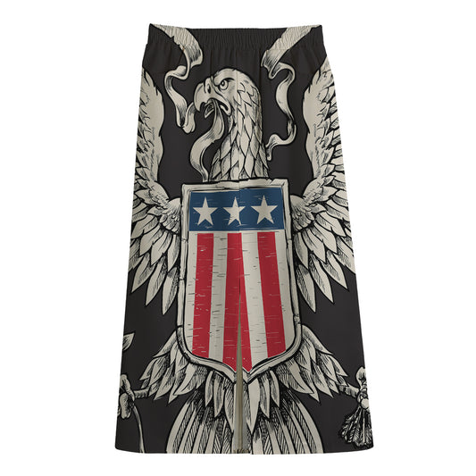 Patriotic USA Eagle Print Cotton Front Slit Maxi Skirt