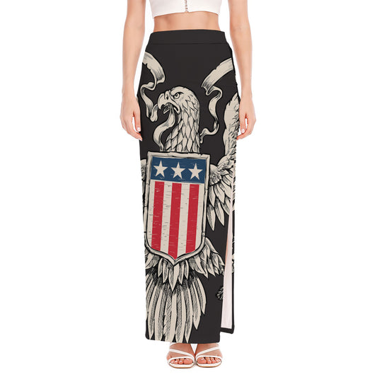 Patriotic USA Eagle Print High Slit Maxi Skirt