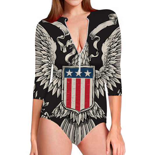 Patriotic USA Eagle Print Long Sleeve Swimsuit