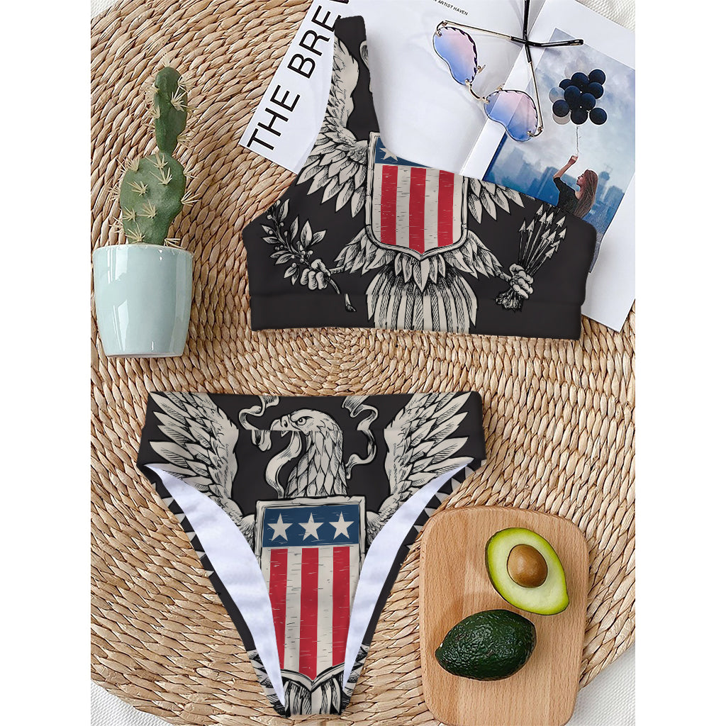 Patriotic USA Eagle Print One Shoulder Bikini Top