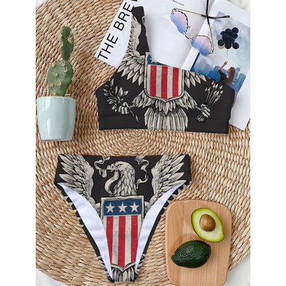 Patriotic USA Eagle Print One Shoulder Bikini Top
