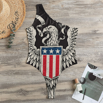 Patriotic USA Eagle Print One Shoulder Bodysuit