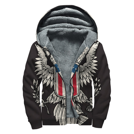Patriotic USA Eagle Print Sherpa Lined Zip Up Hoodie