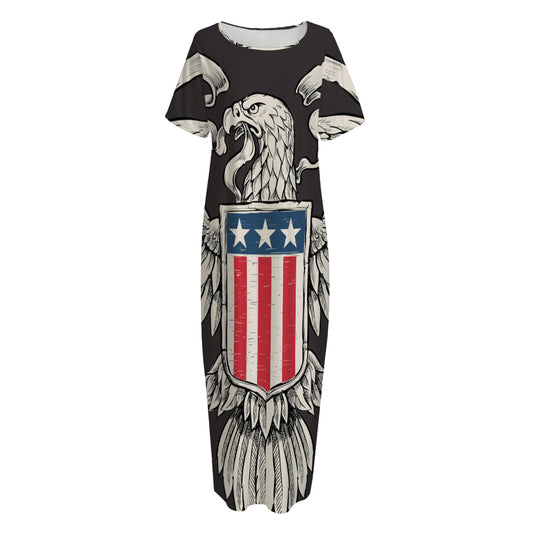 Patriotic USA Eagle Print Short Sleeve Long Nightdress