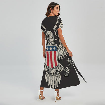 Patriotic USA Eagle Print Short Sleeve Maxi Dress