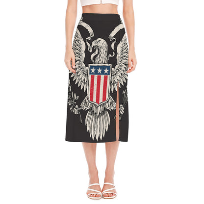 Patriotic USA Eagle Print Side Slit Midi Skirt