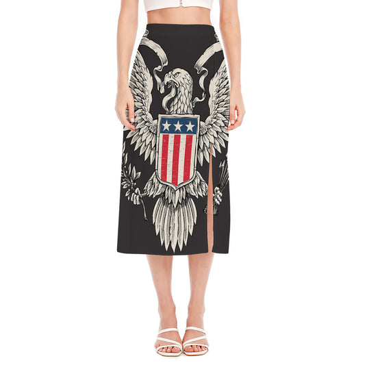 Patriotic USA Eagle Print Side Slit Midi Skirt