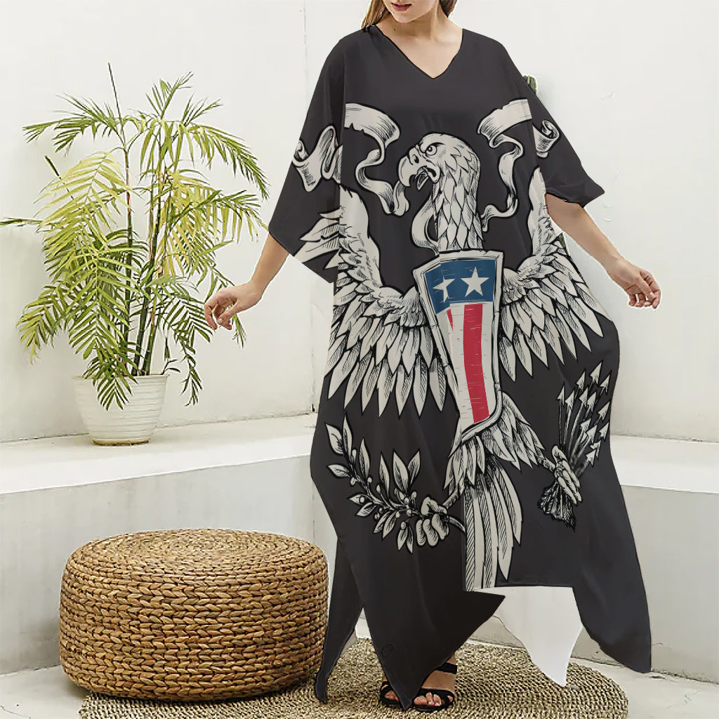 Patriotic USA Eagle Print Silk V-Neck Kaftan Dress