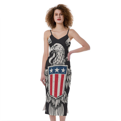 Patriotic USA Eagle Print Slim Fit Midi Cami Dress