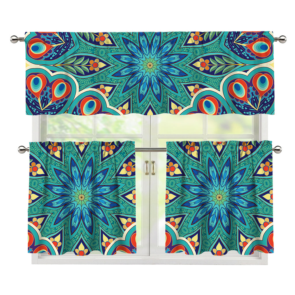 Peacock Feather Floral Pattern Print 3 Piece Kitchen Curtains
