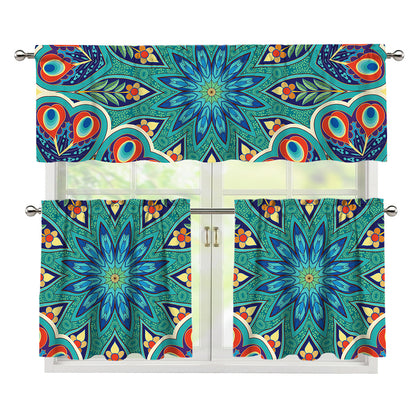 Peacock Feather Floral Pattern Print 3 Piece Kitchen Curtains