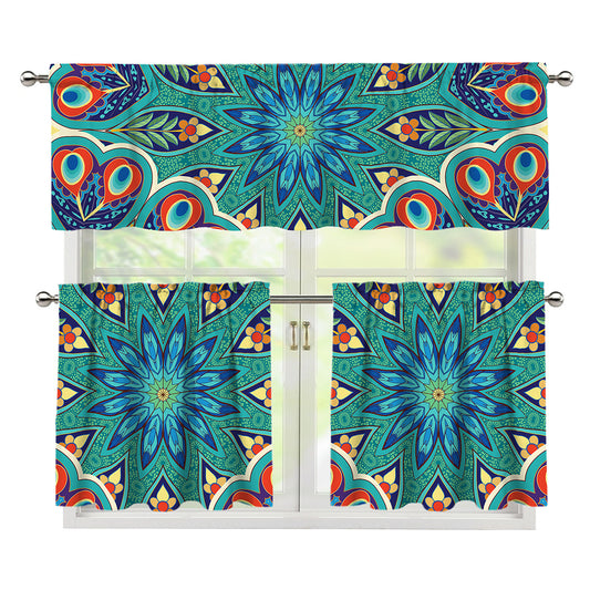 Peacock Feather Floral Pattern Print 3 Piece Kitchen Curtains
