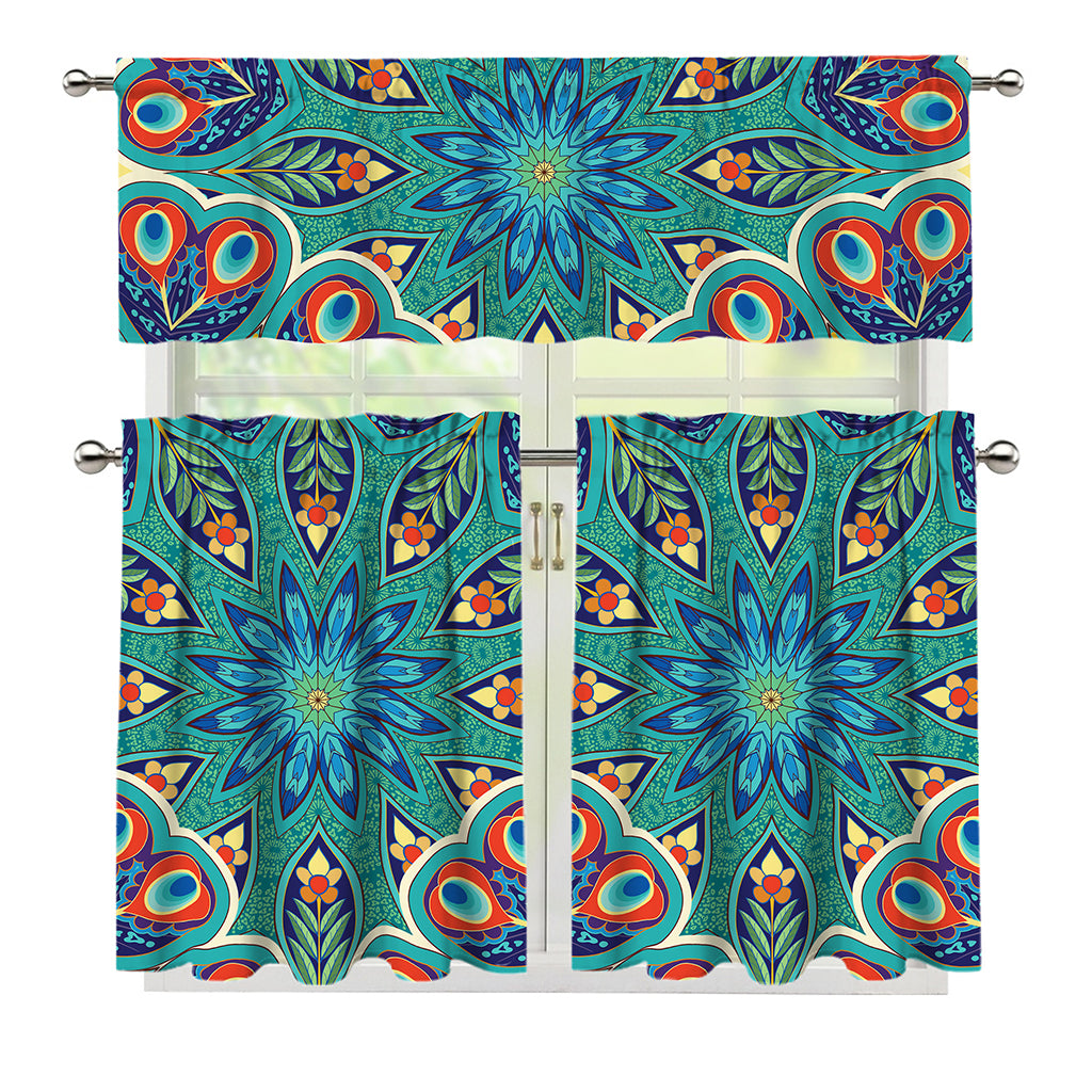 Peacock Feather Floral Pattern Print 3 Piece Kitchen Curtains