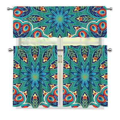 Peacock Feather Floral Pattern Print 3 Piece Kitchen Curtains
