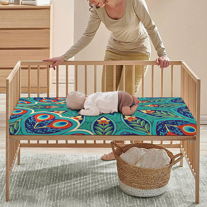 Peacock Feather Floral Pattern Print Baby Crib Sheet