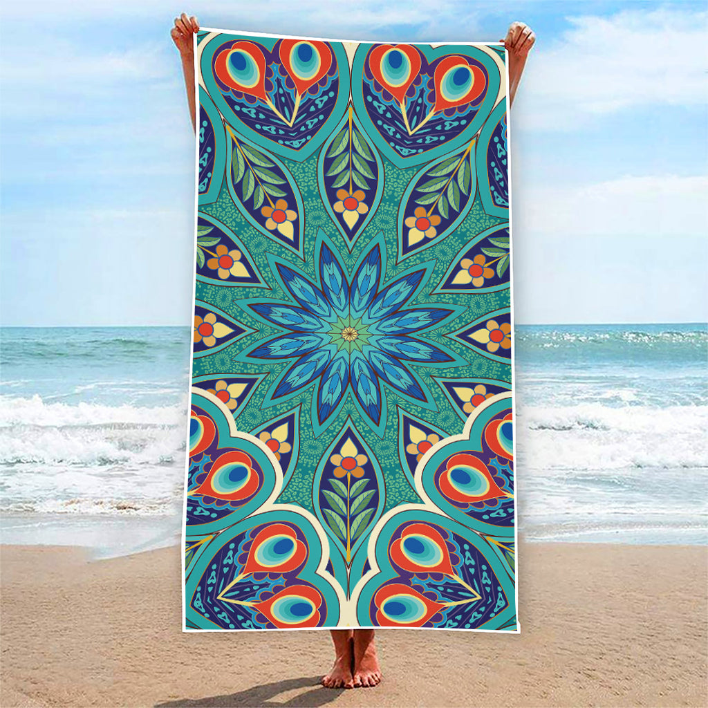 Peacock Feather Floral Pattern Print Beach Towel