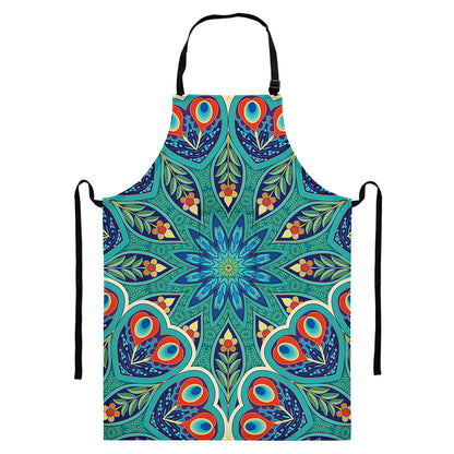 Peacock Feather Floral Pattern Print Bib Apron With Pocket