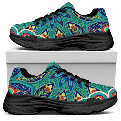 Peacock Feather Floral Pattern Print Black Chunky Shoes