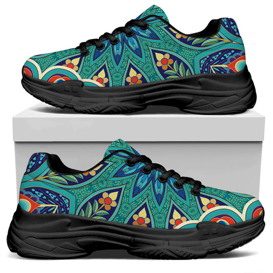 Peacock Feather Floral Pattern Print Black Chunky Shoes