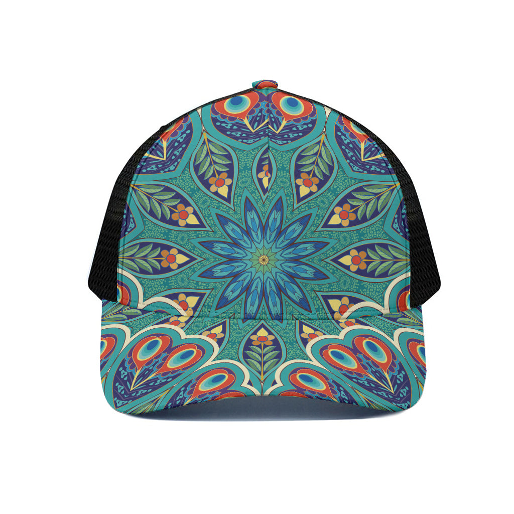 Peacock Feather Floral Pattern Print Black Mesh Trucker Cap