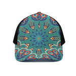 Peacock Feather Floral Pattern Print Black Mesh Trucker Cap