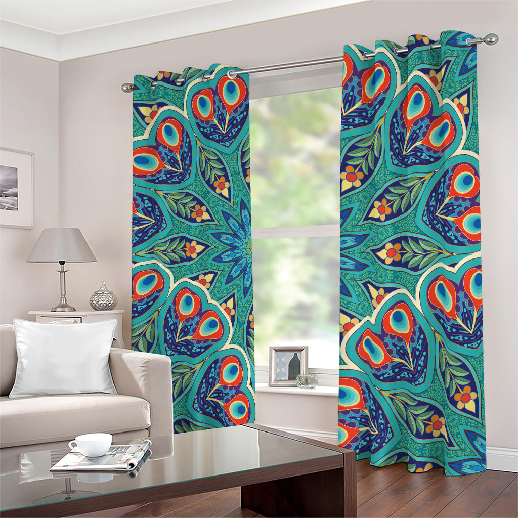 Peacock Feather Floral Pattern Print Blackout Grommet Curtains