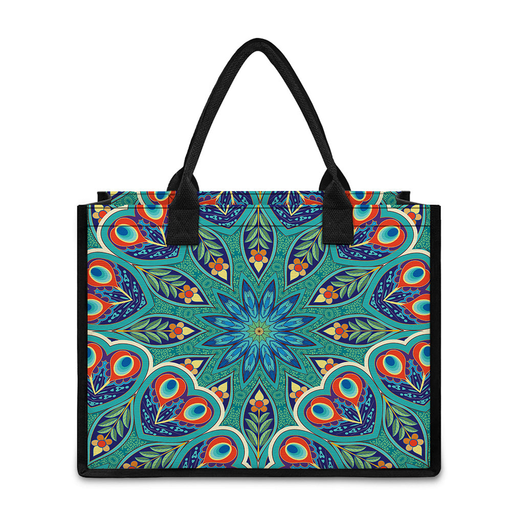 Peacock Feather Floral Pattern Print Canvas Tote Bag